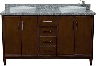 Pemberly Row 61" Double Sink Bathroom Vanity, Walnut Finish, Solid Oak Frame with Birch Veneer, Gray Granite Countertop, Brushed Nickel Hardware, Spacious Storage with Drawers and Cabinets