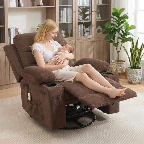 Oversized Swivel Rocker Recliner Chair with Massage & Heat, 360° Glider with Cup Holders & Side Pockets, Ergonomic Lounge Sofa for Adults, Supports 400 Lbs, Perfect for Living Room, RV, Nursery by MilleLoom - Used condition - CA$478.75