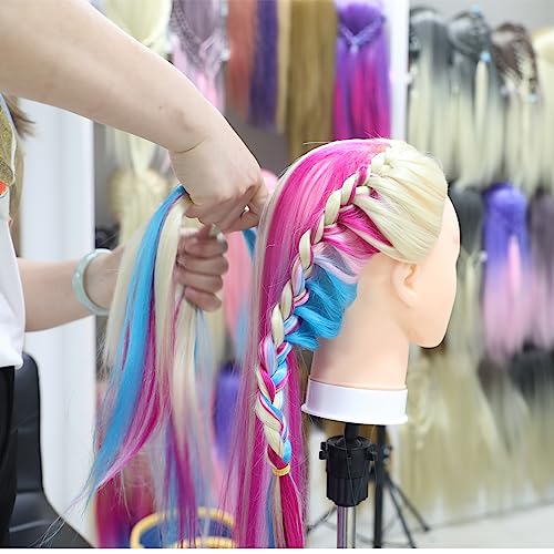 Trainingsköpfe, 28 inch Frisierkopf 100% Synthetikfaser-Haar Übungskopf, Frisurenkopf Ausbildung Kopf Mit Halter + DIY Haar Styling Braid Set (Regenbogen)