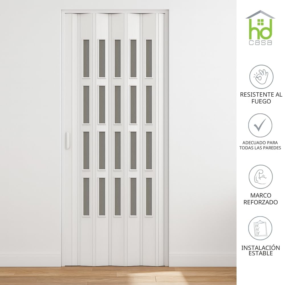 HDcasa Puerta plegable Extra Standard, PVC con cristal transparente, reversible y regulable en altura longitud, para montaje propio, fabricada Italia, decoración del hogar, blanca, 82 x 210 cm