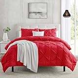 Red Duvet Cover Queen Size 3 Piece Pintuck Comforter Cover - 1 Duvet Cover 90x90 Button Closure with 2 Pillow Shams - Ultra Soft Microfiber Bedding Pinch Pleated Queen Duvet Cover Set