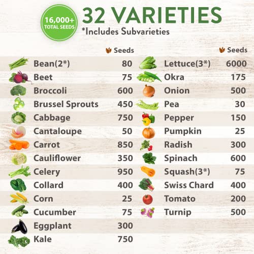 32 Vegetable Seeds - 16000+ Non Gmo, Heirloom Seeds For Home Garden Outdoors - Plant Survival Seeds Like Cabbage, Onion, Spinach, Peas, Turnip, Cucumber Seeds, Lettuce Seeds - Usa Garden Seeds #TOP3