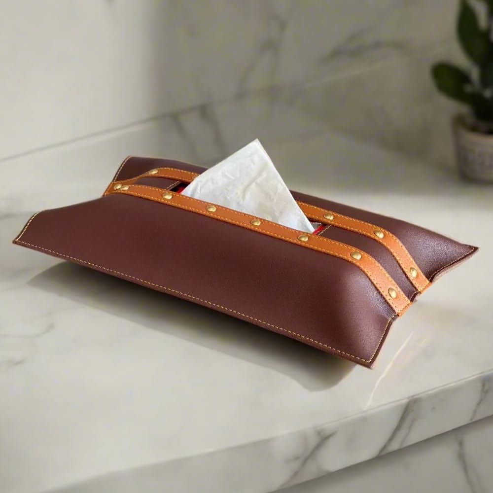 Mason Home Vegan Leather Brown & Tan Tissue Box Sleeve Pack of 1 - L 14" x B 9" | Paper Napkin Holder | Cover for Tissue Case - Holder - Dispenser - Organizer | Home - Office - Table - Desk