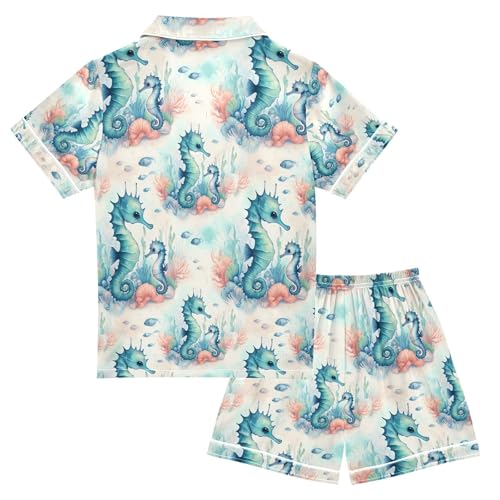 ALAZA Cute Seahorse Coral Reef Pajamas Satin Pajama Set Short Sleeve Button Down Sleepwear2