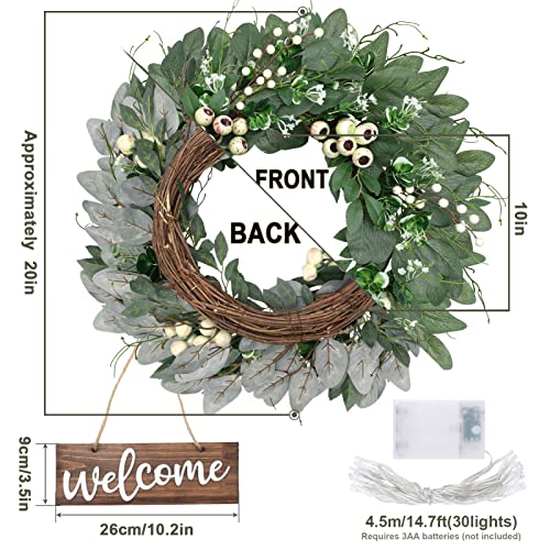 Summer Wreaths For Front Door, 20'' Summer Door Wreath With Welcome Sign, Artificial Greenery Wreath With Berries & Light String, Natural Vine Wreaths For Front Door Indoor Outdoor Home Wall Window #TOP2
