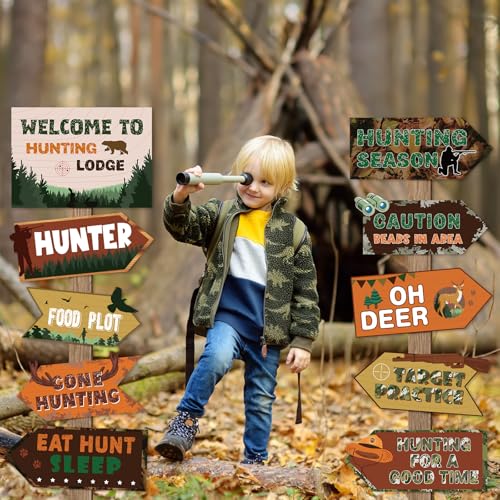 Image of Hooqict 20 Pieces Hunting Party Decorations Hunting Themed Party Directional Signs for Camo Deer Birthday Party Decorations Welcome to Camouflage Party Supplies for Boys Men