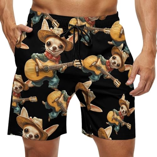 Chihuahua Playing Guitar Mens Swim Trunks Quick Dry Board Shorts Beach Swimwear Bathing Suits