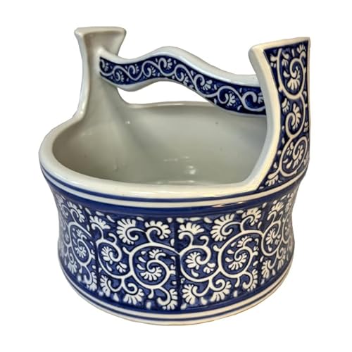 平丸手桶 陶器 持ち手付き 藍蛸 メダカ鉢 金魚鉢 水鉢 ビオトープ 睡蓮鉢 水盤 鉢カバー ハイドロカルチャー ガーデニング LHX230220B