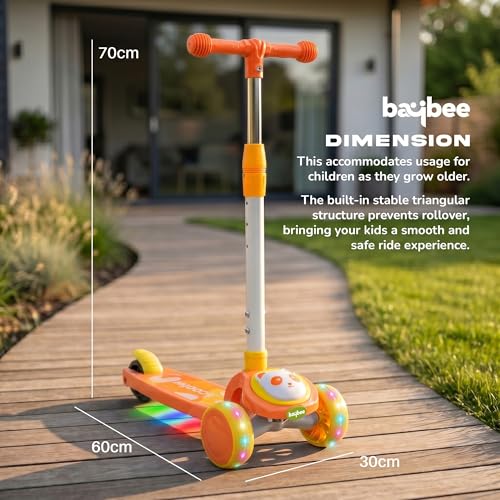 Image of Baybee Bambo Skate Scooter for Kids | 3 Wheel Kick Scooter with LED Wheels & Deck Lights with Music | 3 Height Adjustable Handle & Brake | Foldable Scooter for Kids 3 to 8 Years Boys & Girls (Orange)