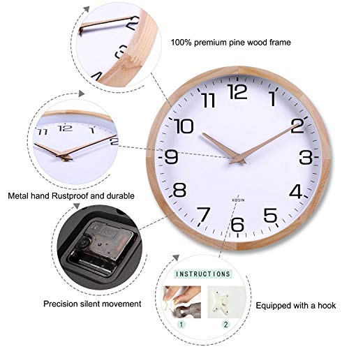 Kesin 12 Inches Wooden Round Silent Wall Clock White Wood Wall Clocks Analog Digital Battery Operated Non Ticking For Living Room Kitchen Bedroom Office Vintage Home Decor thumb #2