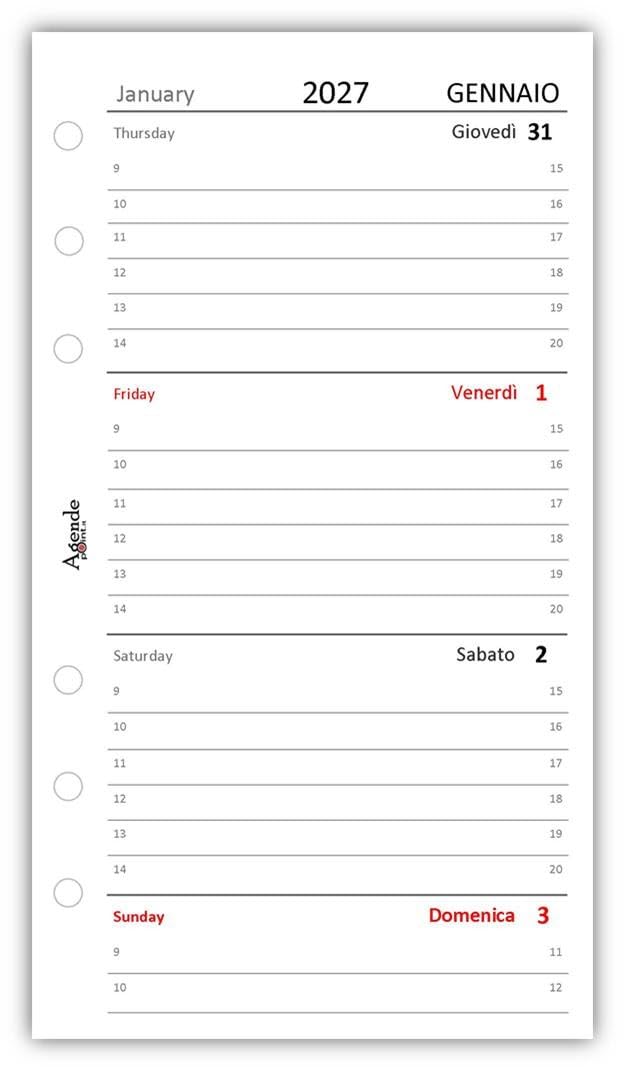 Agenda Organizer Settimanale 2027 Bilingue Bianco 9,5x17cm 90gr 2 Pagine per Settimana