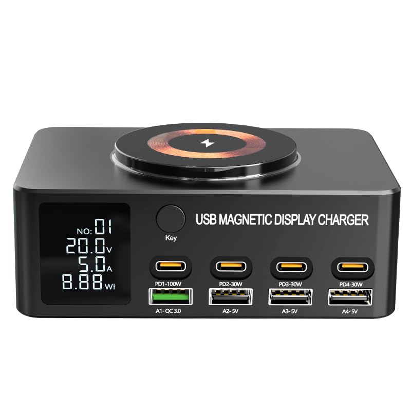 Caricatore intelligente multifunzione con display magnetico da 140 W, 8+1 porta USB C con PD da 100 W, QC3.0, caricatore wireless magnetico, display LCD