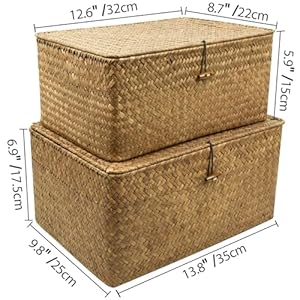 Shelf Storage Baskets with Lid, 2-Pack Wicker Storage Bakset, Woven Seagrass Decorative Boxes Storage Basket, Coffee Large+XLarge Shelf Storage Baskets with Lid 2 Pack Wicker Storage Bakset Woven Seagrass Decorative Boxes Storage Basket Coffee LargeXLarge