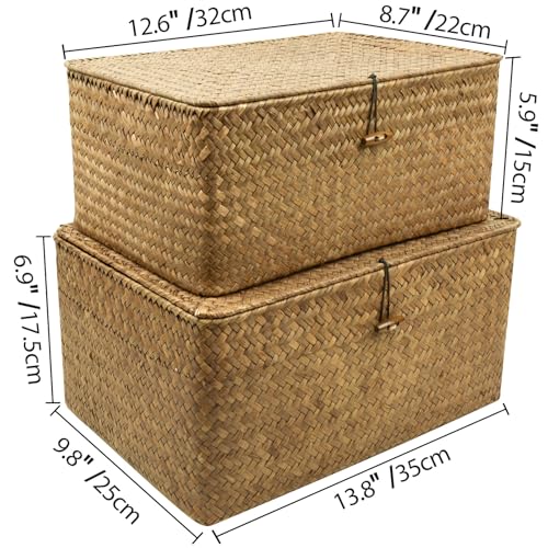 Shelf-Storage-Baskets-with-Lid-2-Pack-Wicker-Storage-Bakset-Woven-Seagrass-Decorative-Boxes-Storage-Basket-Coffee-LargeXLarge Shelf Storage Baskets with Lid 2 Pack Wicker Storage Bakset Woven Seagrass Decorative Boxes Storage Basket Coffee LargeXLarge