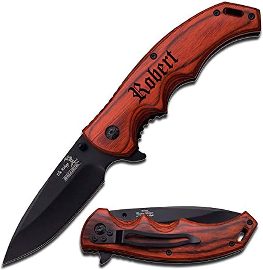 Blue Steel Personalized Laser Engraved Pocket Knife with Stonewashed Blade, Brown wood Handle with Pocket Clip, Dad Gifts (Gray)