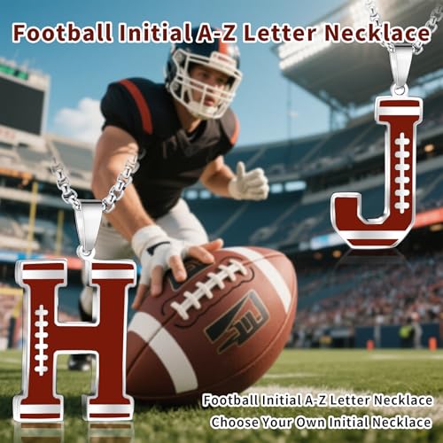 Football Initial Necklace for Men A-Z Letter Stainless Steel Charm Pandant 20+2 Inches Chain, Football Gifts for Youth Boys Coach Players2