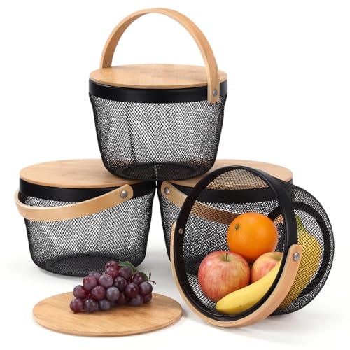 Maxdot 4 Pack Metal Wire Mesh Fruit Basket with Bamboo Lid & Handles Round Oval Steel Garden Organizer for Vegetables Fruits, Multi-functional Hanging Storage for Kitchen Picnic (Black)
