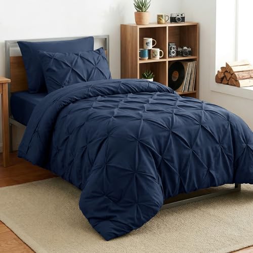 HIMEET Twin XL Comforter Set Navy Blue - 5 Pieces Pintuck Bed in a Bag Pinch Pleat Modern Room Decor All-Season Soft Bedding Gift with Comforter Sheets Pillowcase & Sham