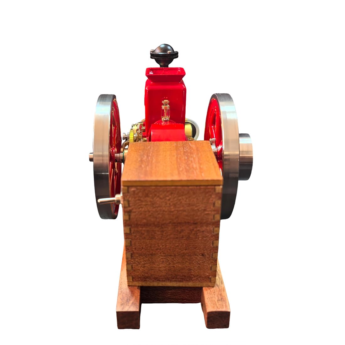 Hit und Miss Motor model, 3,6 cm³, miniaturowy, poziomy, jednocylindrowy, 4-suwowy silnik benzynowy z systemem zapłonowym i drewnianą podstawką, dekoracja silnika rolniczego w stylu vintage