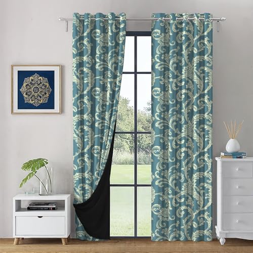 Image of LINENWALAS Printed Blackout Curtains for 6 Feet Window | Set of 2 | Printed Drapes | Thermal Insulated, Room Darkening Panels with Grommet Hanging for Living Room (Turquoise Vines)