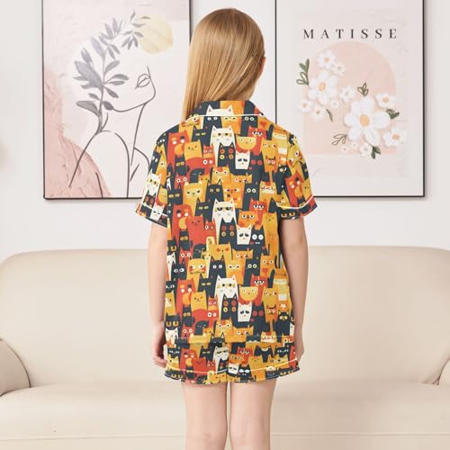 ALAZA Colorful Cat Animal Kitten Satin Pajamas Set Short Sleeve Button Down Sleepwear Summer Pjs 2 Piece4