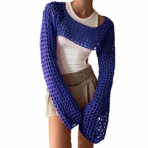 CEWIFO Blusa de manga larga con cuello redondo de cuello redondo europeo americano de punto para las mujeres como cubierta de baño, azul, M