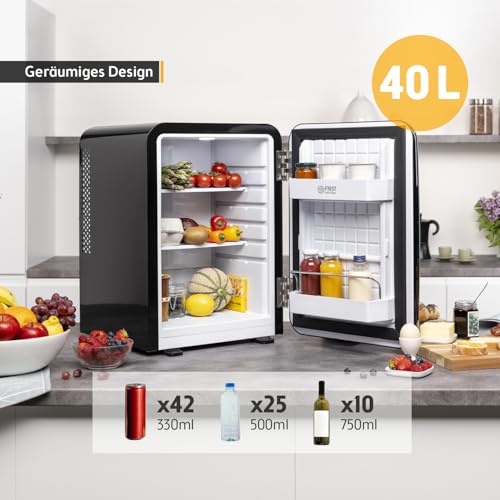 TZS First Austria - Retro Mini Kühlschrank 40L lautlos - Kleiner Minikühlschrank im Vintage-Design mit Innenbeleuchtung & 2 Türfächern - Minibar für Camping, Büro, Schlafzimmer & Hotel - schwarz