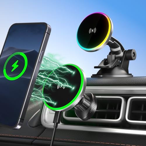 ALAFLY 15W Snelladende Magnetische Autotelefoonhouder [Verbeterde Elastische Zuignap] 360° Verstelbare Draadloze Oplader Autohouder voor MagSafe iPhone 16 15 14 13 12 Pro Max Plus Mini