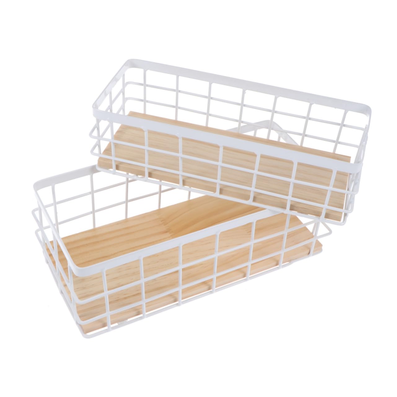 LALADEFIEE Iron Storage Baskets White Baskets for Storage 2pcs Nordic Style Desktop Shelves Art Wooden Bottom Metal Organizer