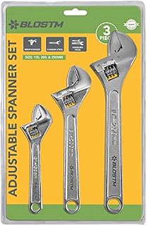 BLOSTM Adjustable Spanner Set - 3 Piece Adjustable Wrench Set Made of Durable Drop-Forged Carbon Steel - Wide Jaw Opening Shifter Spanners with Hanging Hole for Easy Storage (150, 200 & 250mm)