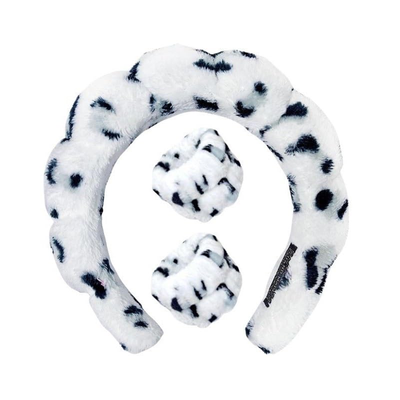 LEEMASING Spa Headband Wrist Towels Hair Band/Wristband Set For Women Girls Makeup Shower (Grey White Leopard Print)