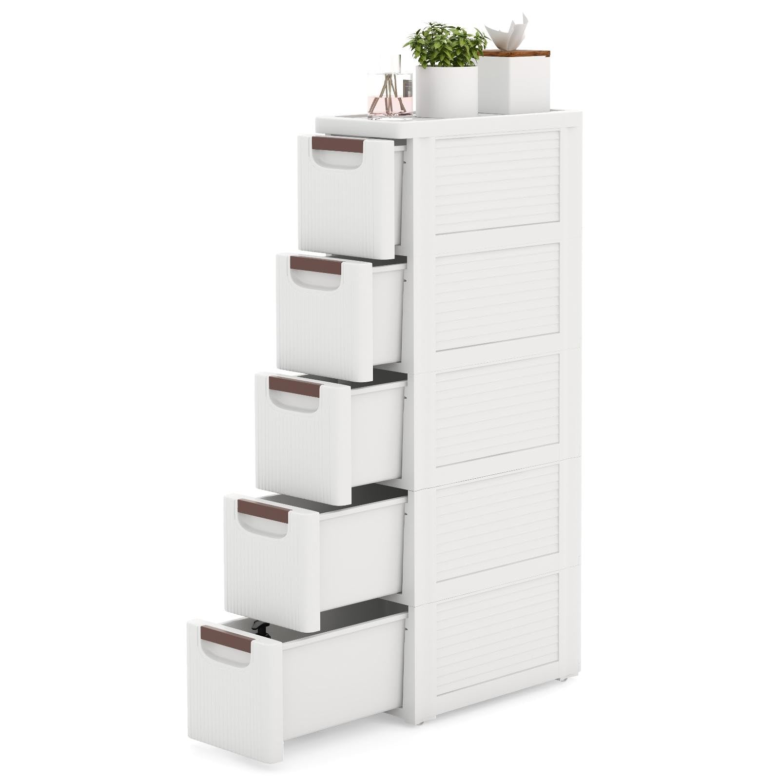 Multigot Bathroom Floor Cabinet On Wheels, Freestanding Slim Storage Cupboard with 3/4/5 Drawers, Mobile Drawer Cabinet Compact Plastic Bathroom Organizer Unit for Living Room Entryway (5-Drawer)