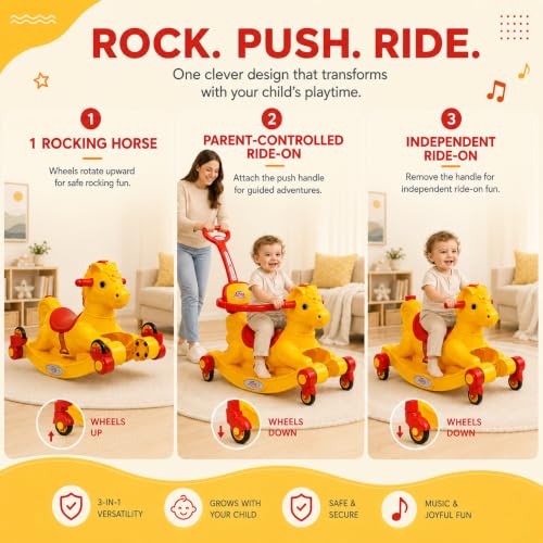 Image of 3 in 1 Baby Horse Rider for Kids 1-5 Years with Parent Handle, Rocking Horse, Ride On Toy, 360 Safety Guard, Music, Swivel Wheels, Backrest, Baby Ride On for Boys & Girls (Yellow)