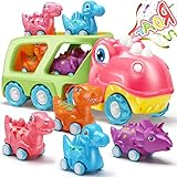 Einfaches und lustiges Rückziehspielzeug. Ziehen Sie das kleine Dinosaurierauto zurück und lassen Sie dann Ihre Hand los, sie rennen von selbst vorwärts. Das Spielen eines Truck-Spiels kann Kindern helfen, emotionale Fähigkeiten zu erlernen.