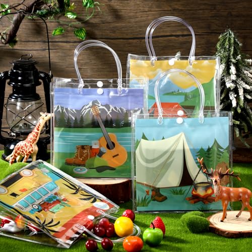 Image of Teenyyou 24 Pcs Camping Theme Clear Gift Bags with Handles Outdoor Adventure Transparent Tote Bags Reusable PVC Gift Container for Camping Theme Party, Bridal Shower, Birthday Party Favors
