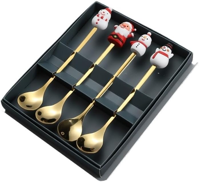Silverware Flatware Set, Christmas Cartoon Creative Stainless Steel Dessert Spoon Gift Box(Gold,4Set)