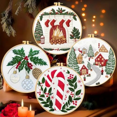 Image of Zhenqing Christmas Embroidery Kit for Beginners - 4 Piece 29x29cm Round Designs with Embroidery Hoop, Threads & Tools (Snowy Cabin, Fireplace, Candy Cane, Holly)(C0066)