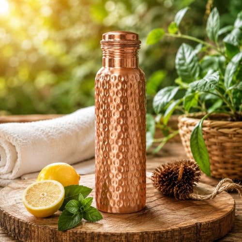 Image of 100% Pure Copper Water bottle 32 Oz with Cleaning brush, Hammered Design | Drink More Water, Lower Your Sugar Intake And Enjoy the Health Benefits Immediately (1 Brush +3Bottle)