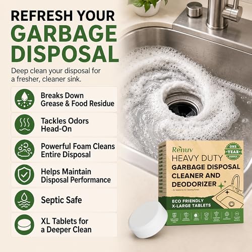 Image of Renuv Garbage Disposal Cleaner & Deodorizer Tablets, 12 XL Tablets | Foaming Citrus Scent, Drain Freshener, Kitchen Sink Odor Refresher For Garbage Disposer Cleaning