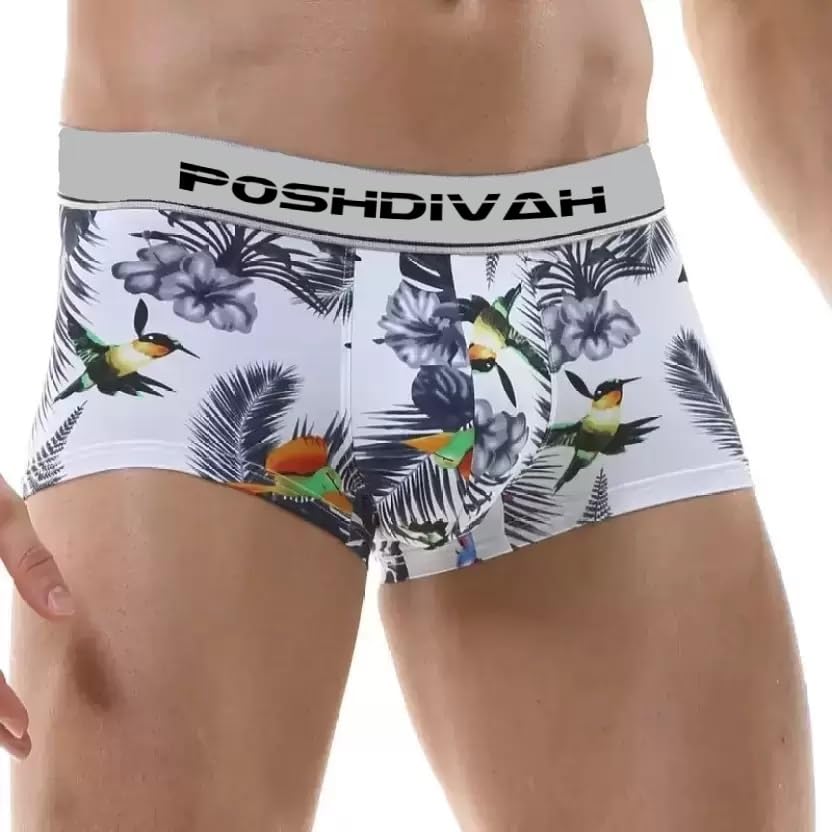 Image of POSHDIVAH Men's Super Combed Cotton Elastane Stretch Printed Trunk with Ultrasoft Waistband White