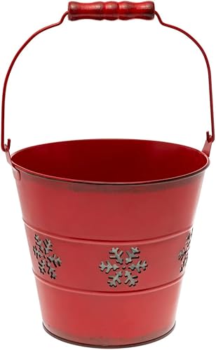 Boston International Cubo de metal, cubo de copo de nieve con asa, 6.5 x 6 pulgadas, rojo