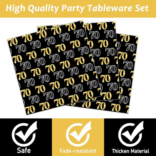 Image of 96PCS 70th Theme Birthday Party Tableware Vintage 1956 Party Supplies 70 Year Old Birthday Decorations Plates Napkins Forks Black and Gold Dinnerware Favors for Men or Women