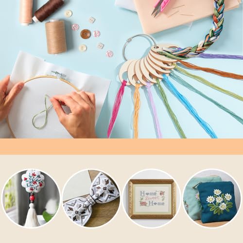 Image of BENECREAT 100pcs Oval Wood Thread Drops, 1.9x1.3inch Wood Cross Stitch Thread Organization with Floss Ring for Craft DIY Sewing Storage, 2mm Thick