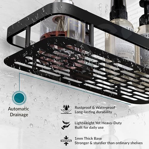 Image of Plantex Self Adhesive Bathroom Shelf /Bathroom Organiser Without Drill /Stainless Steel Bathroom Shelf Rack with Aluminium Railing /Kitchen Stand-Pack of 1(12x5 inch, Black)