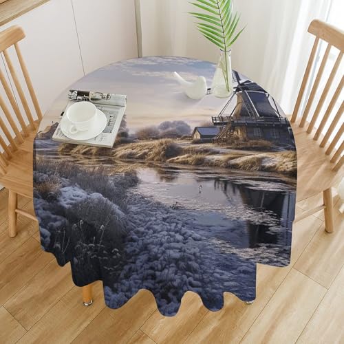 Nappe ronde en polyester imprimé moulin paysager de 178 cm lavable - 4