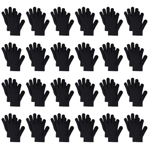 jiebor 24 Pairs Warm Kids Winter Knit Gloves for Kids Boys Girls Children Gift (Black Small)
