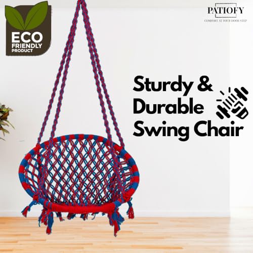 Image of Patiofy Cotton Round Swing Chair for Adults and Kids /Swing for Home, Balcony /Jhula for Adults /Jhoola for Living Room /Suitable for Indoor & Outdoor /with Hanging Kit (Red-Blue)