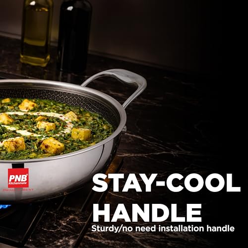 Image of PNB Kitchenmate Triply Stainless Steel Hybrid Non-Stick Kadhai with Glass Lid, 22cm (2L) | Heavy Bottom Induction Deep Karahi for Indian Cooking | Stay-Cool Handles & 2.5mm Thick | 5-Year Warranty