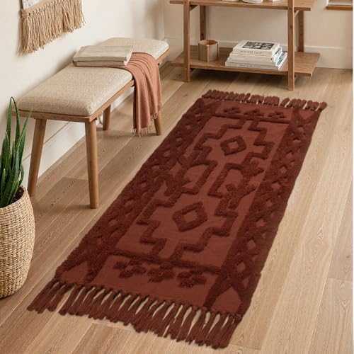 Uphome Boho Bathroom Runner Rug 2' x 4.3', Washable Woven Cotton Bedroom Runners, Terracotta Aesthetic Tufted Entryway Runner Rugs, Bohemian Tribal Throw Rug for Bedside Living Room Laundry Kitchen