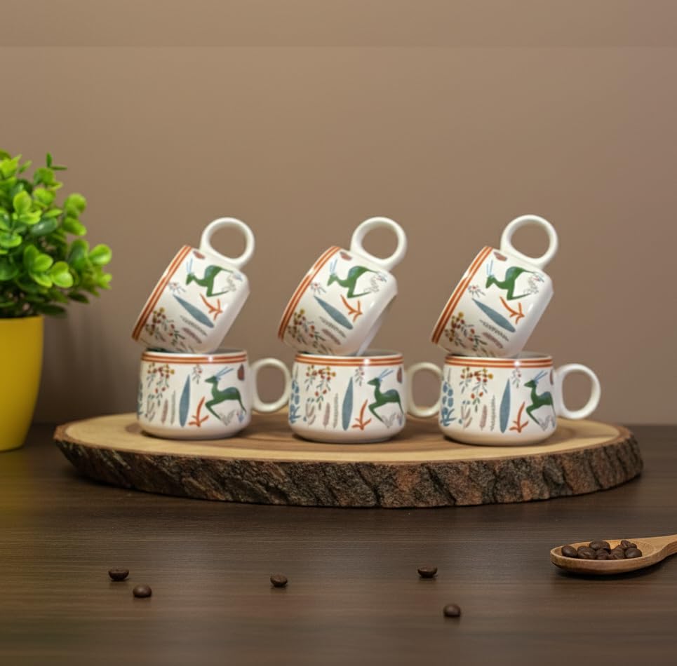 IZZYLYF 'Green Deer' Ceramic Tea Cups Set of 6 (150 ml Each) with Handle | Microwave & Dishwasher Safe | Elegant Cups for Tea Coffee Chai | Stylish Drinkware for Home Office Cafe Serving and Gifting